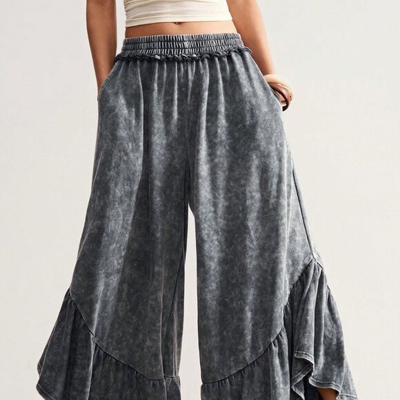 Dark Grey Casual Women's Elastic Waist Ruffle Hem Wide Leg Pants - Picture 4 of 7